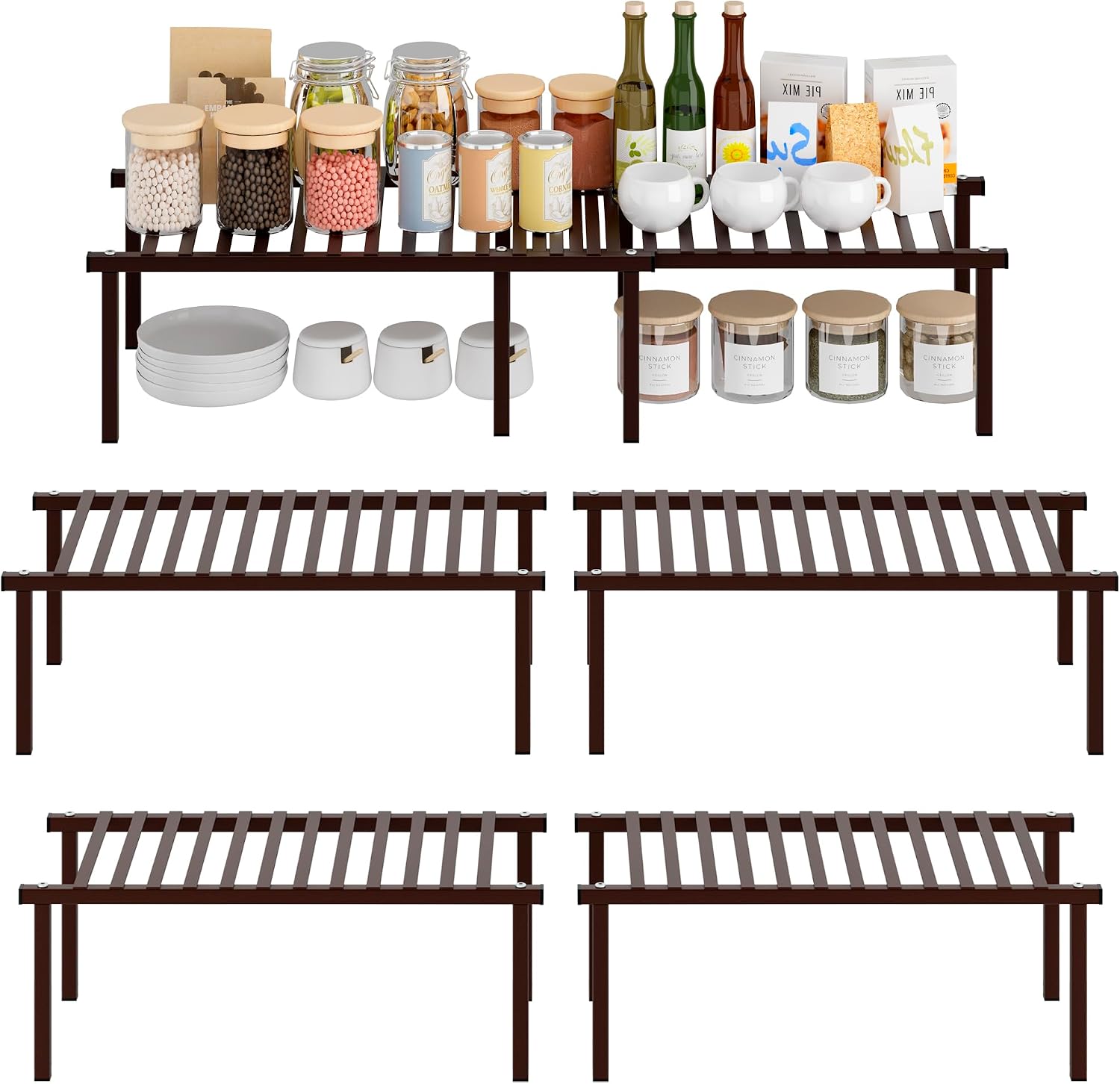 STORAGE MANIAC Expandable Cabinet Organizer Shelf, Set of 4, Brown