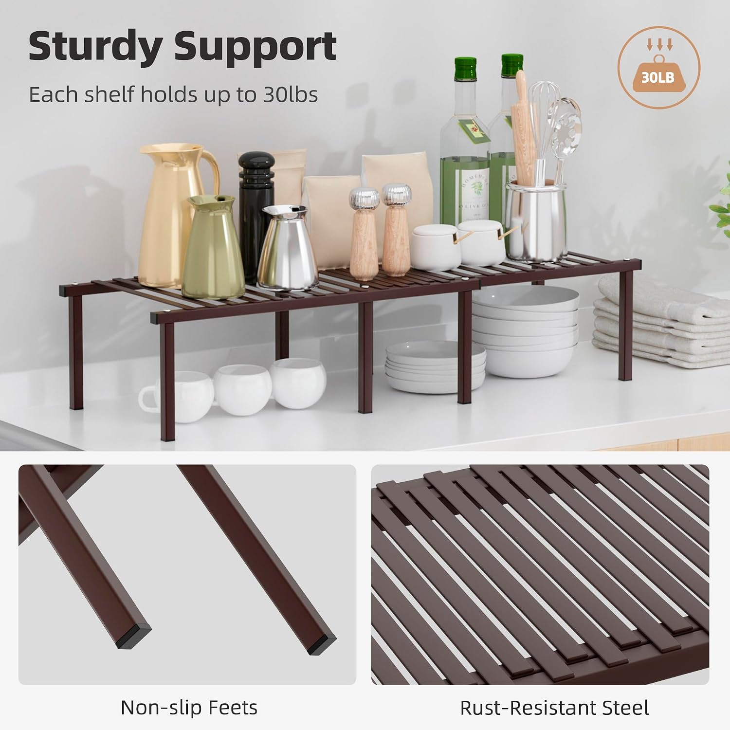 STORAGE MANIAC Expandable Cabinet Organizer Shelf, Set of 4, Brown