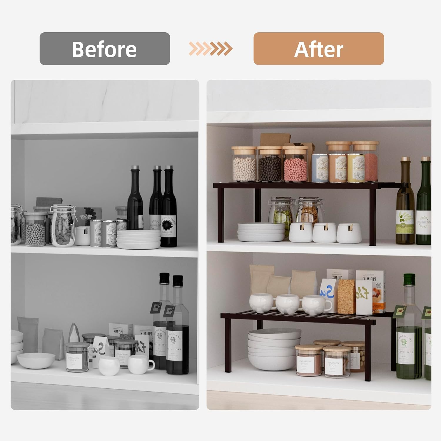STORAGE MANIAC Expandable Cabinet Organizer Shelf, Set of 4, Brown