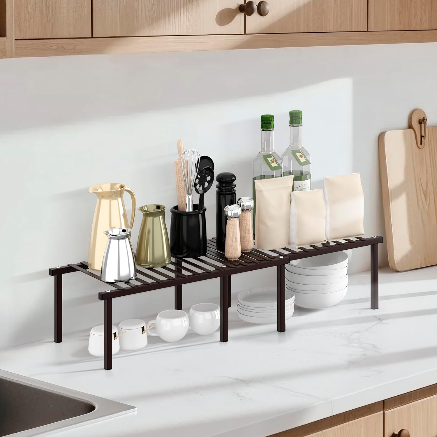 STORAGE MANIAC Expandable Cabinet Organizer Shelf, Set of 4, Brown