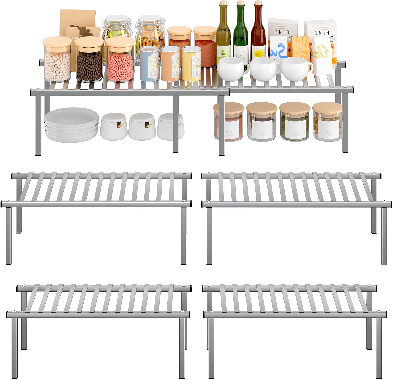 STORAGE MANIAC Expandable Cabinet Organizer Shelf, Set of 4, Gray