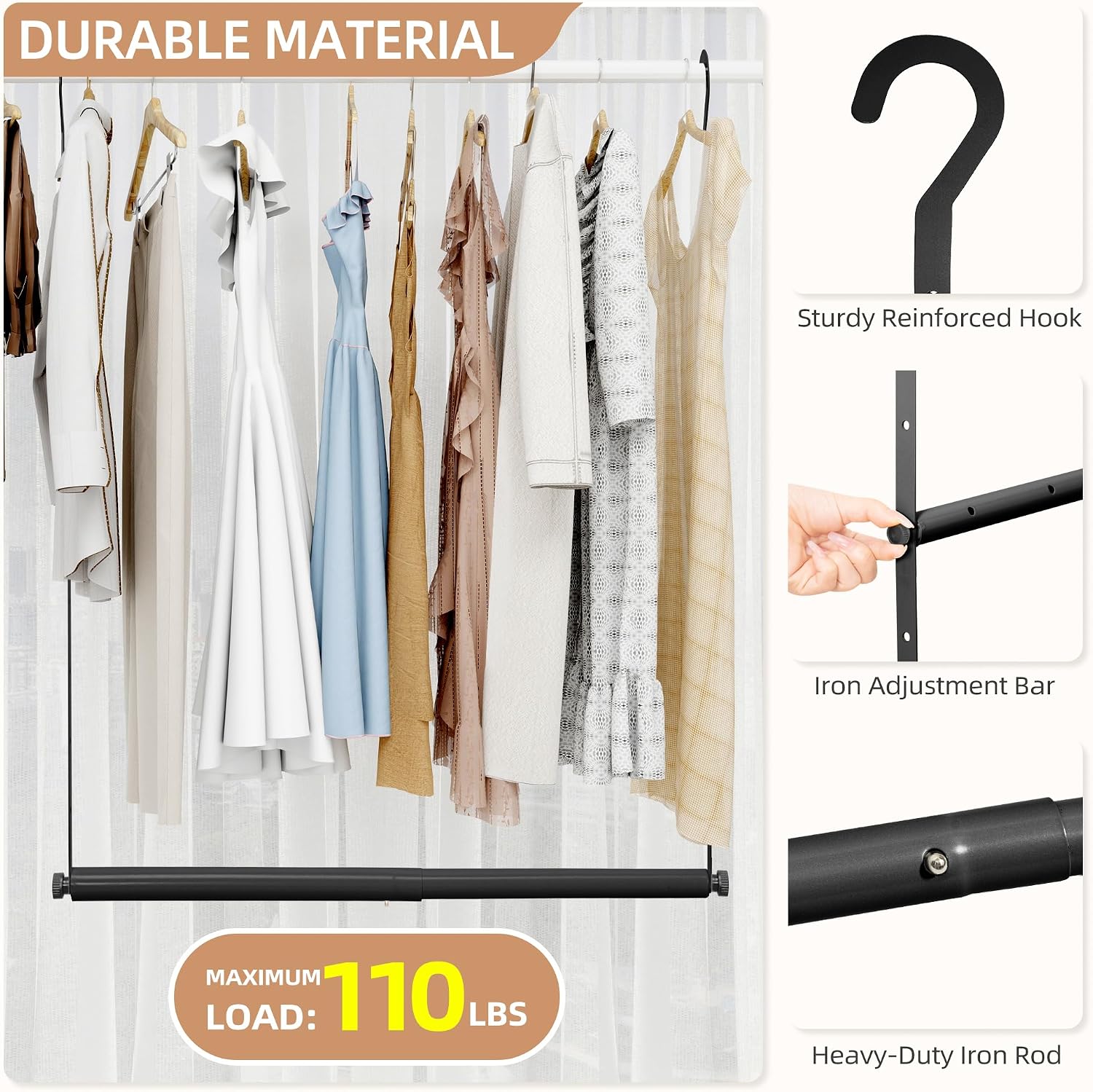 STORAGE MANIAC Adjustable Closet Rod for Hanging Clothes, 2 Pack Black