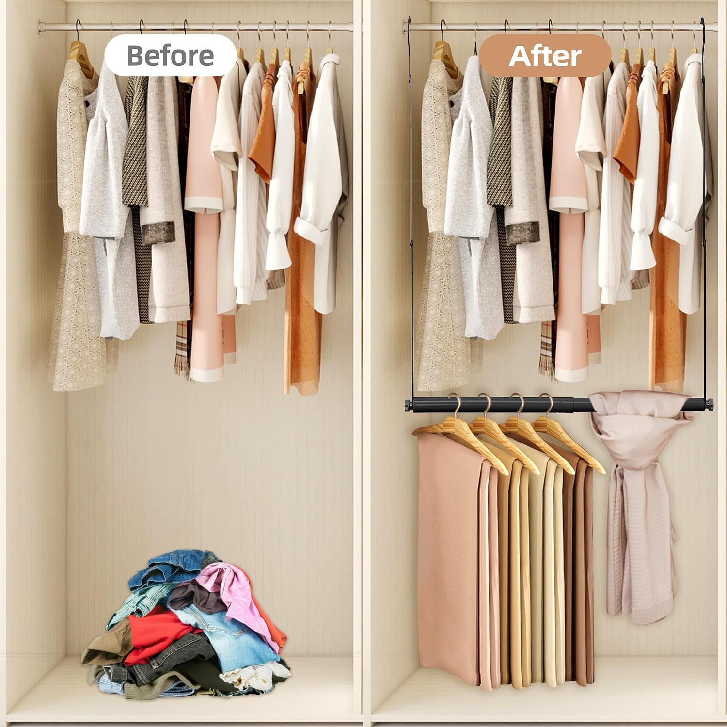 STORAGE MANIAC Adjustable Closet Rod for Hanging Clothes, 2 Pack Black