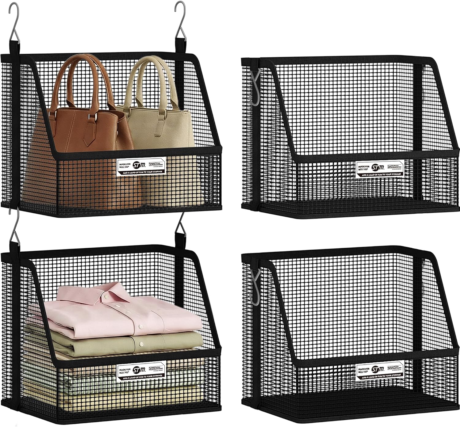 STORAGE MANIAC 2 Tier Hanging Closet Organizer with Mesh Baskets, Clothes Hanging Shelves, Foldable Stackable Storage, Space-Saving Collapsible Basket with Hooks for RV, Dorm, Bedroom, College, Black