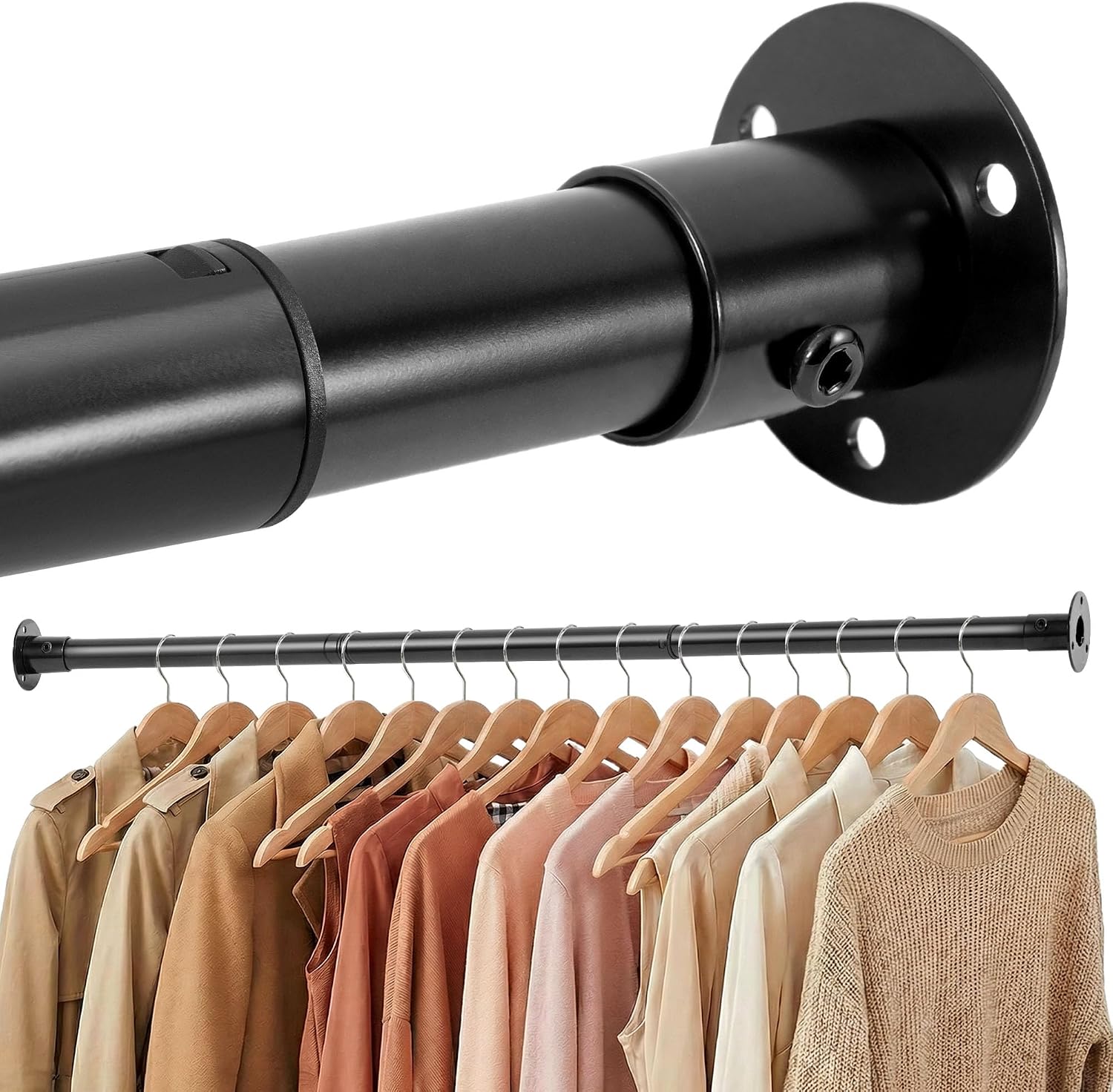 STORAGE MANIAC Closet Rods for Hanging Clothes 17.5 to 89.7 Inches Heavy Duty Stepless Adjustable Closet Hanging Rod 1.2 Inch Diameter Metal Closet Rod for Wardrobe Bathroom Bedroom Laundry RV, Black