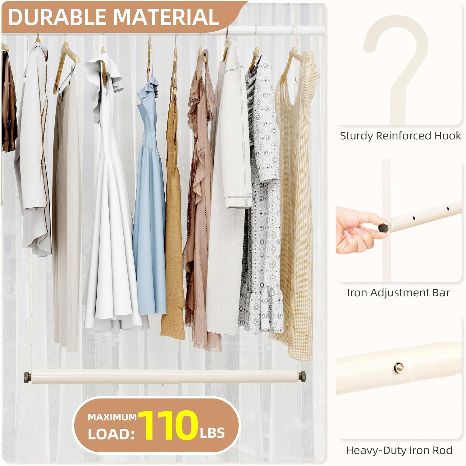 STORAGE MANIAC Adjustable Closet Rod for Hanging Clothes, 1 Pack White