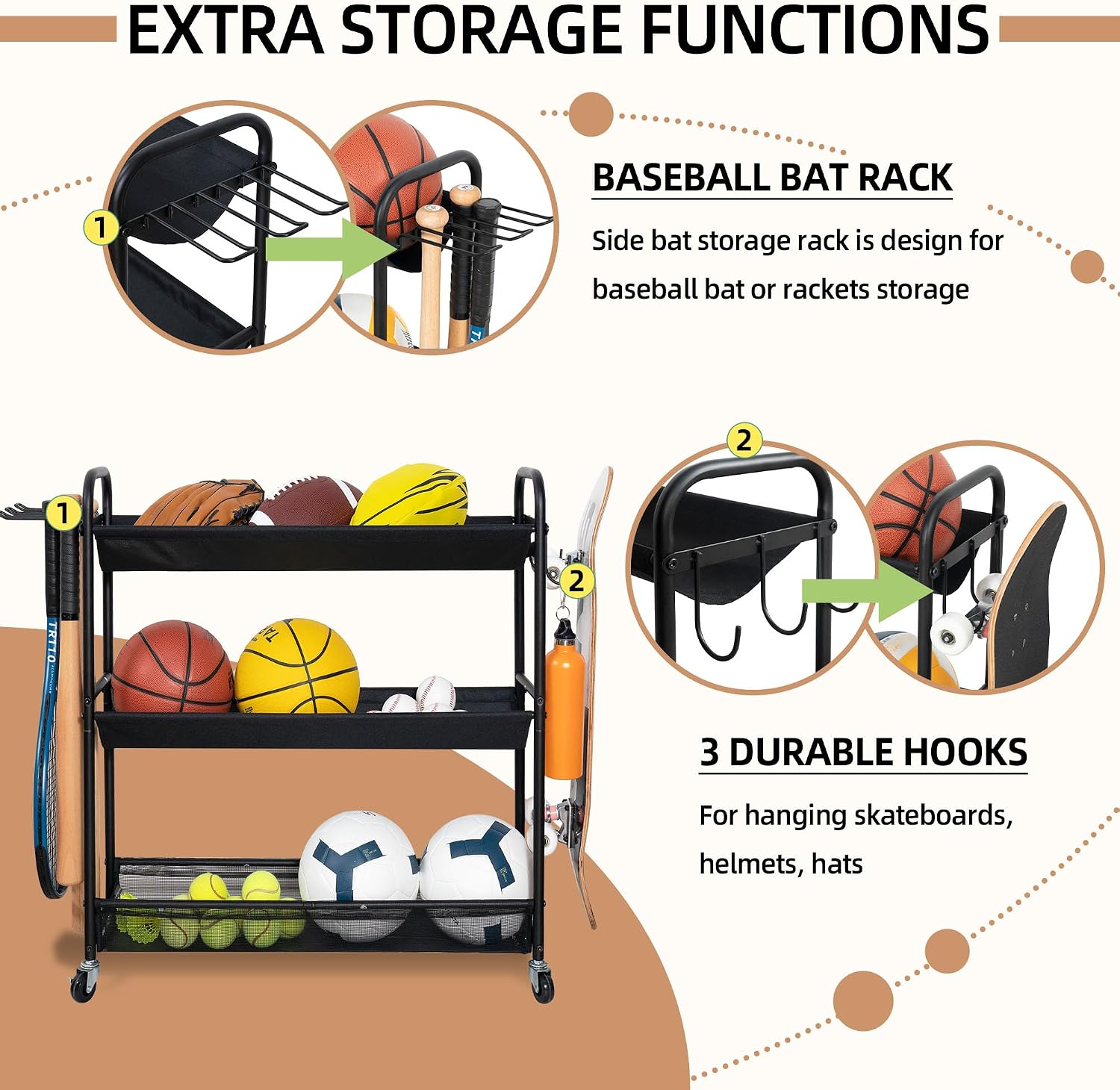 STORAGE MANIAC Basketball Rack 3-Shelf Training Stand with Wheels