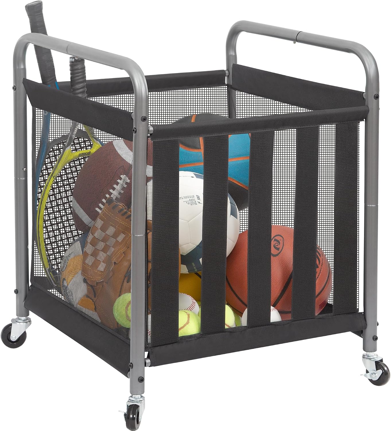 STORAGE MANIAC Ball Storage Bin Rolling Sports Ball Cart, Metal Garage Organizer Sport Rack Basketball Storage Cage for Garage or Gym, Indoor & Outdoor Sports Equipment Organizer Black