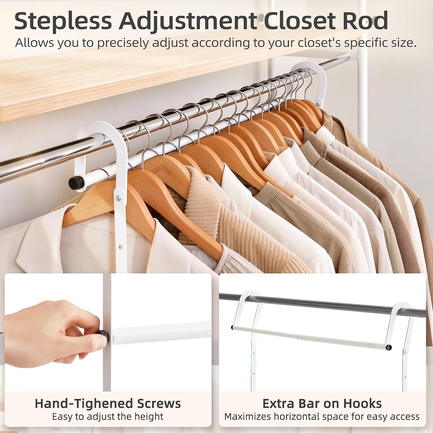 STORAGE MANIAC Double Hanging Closet Rod Adjustable Closet Organizer White