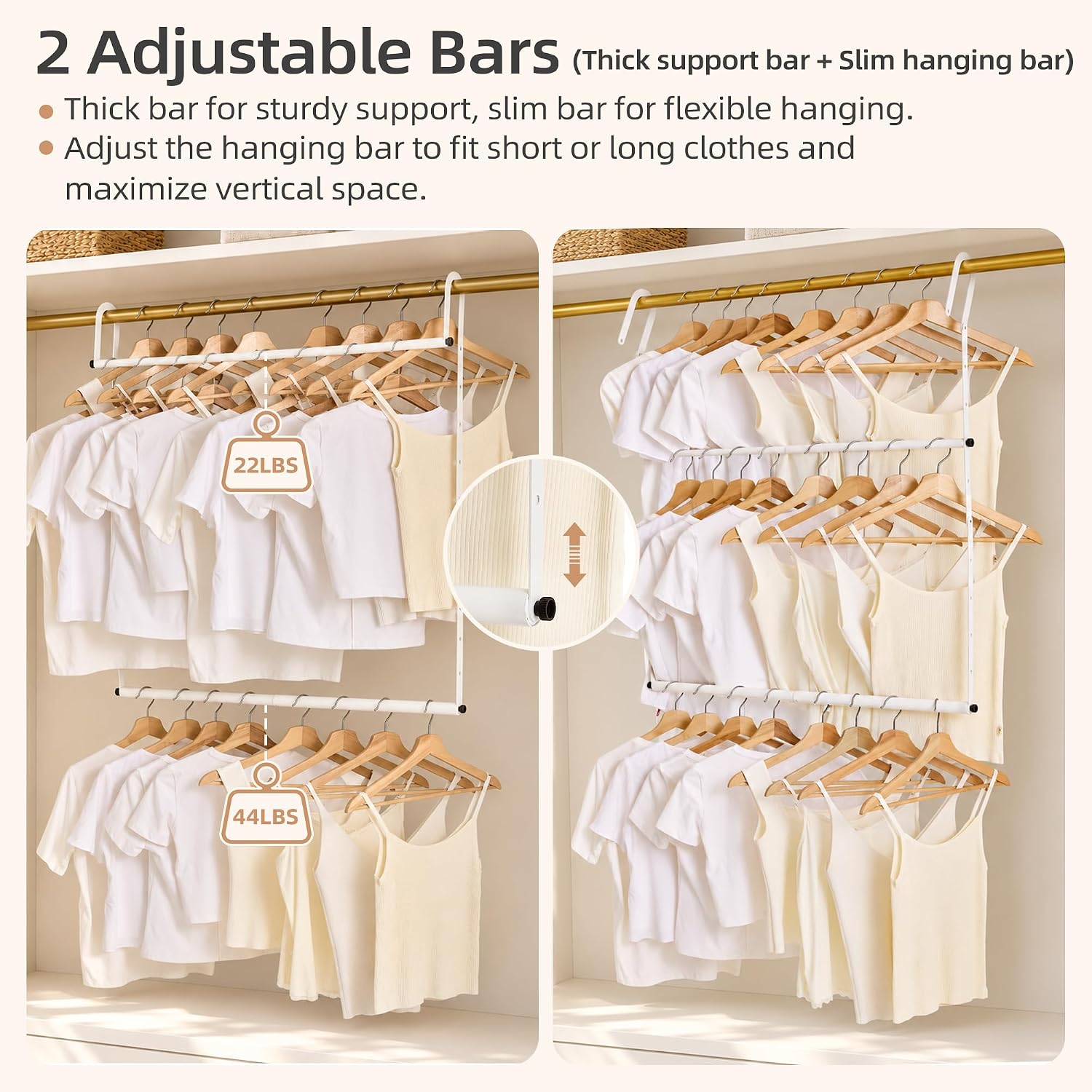STORAGE MANIAC Double Hanging Closet Rod Adjustable Closet Organizer White