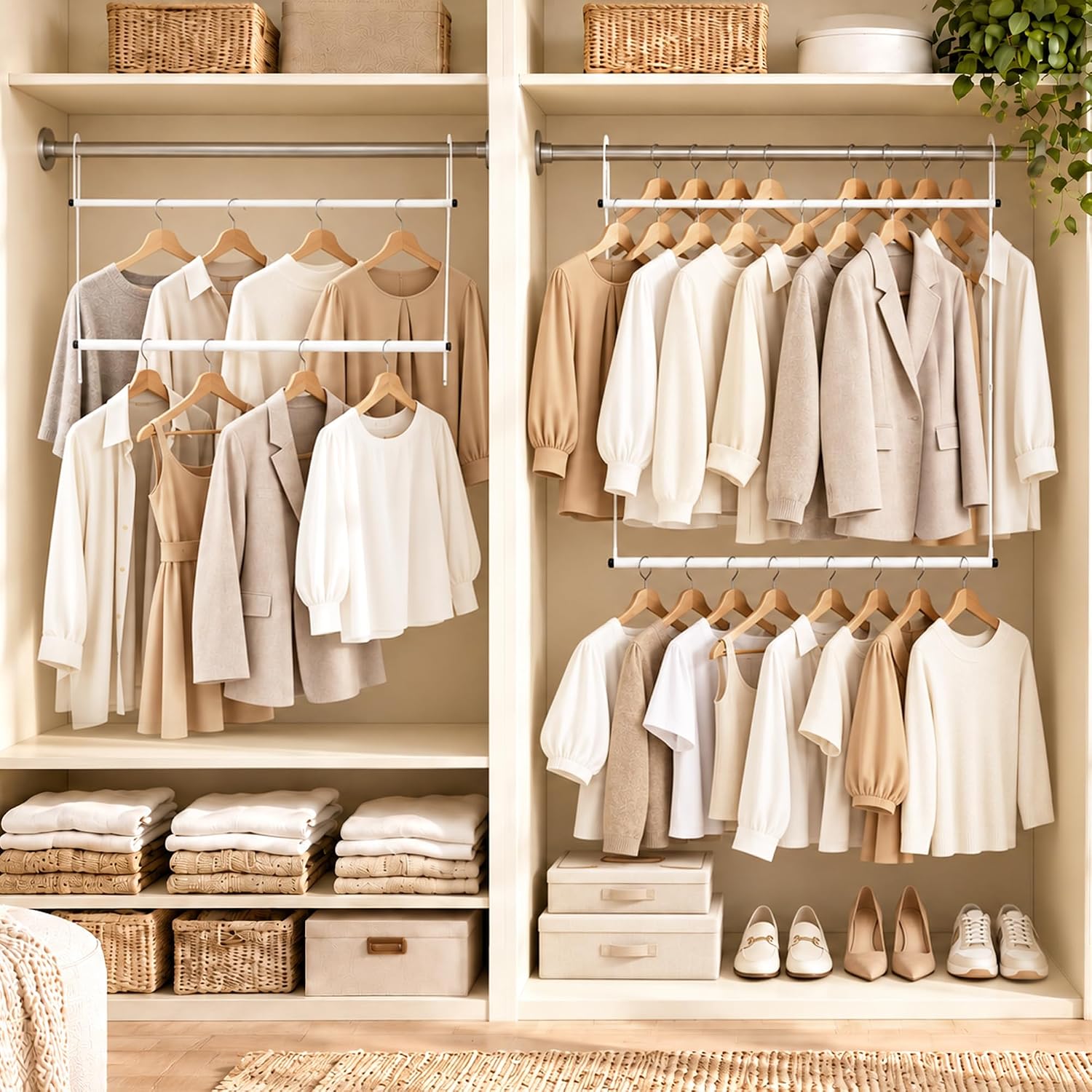 STORAGE MANIAC Double Hanging Closet Rod Adjustable Closet Organizer White
