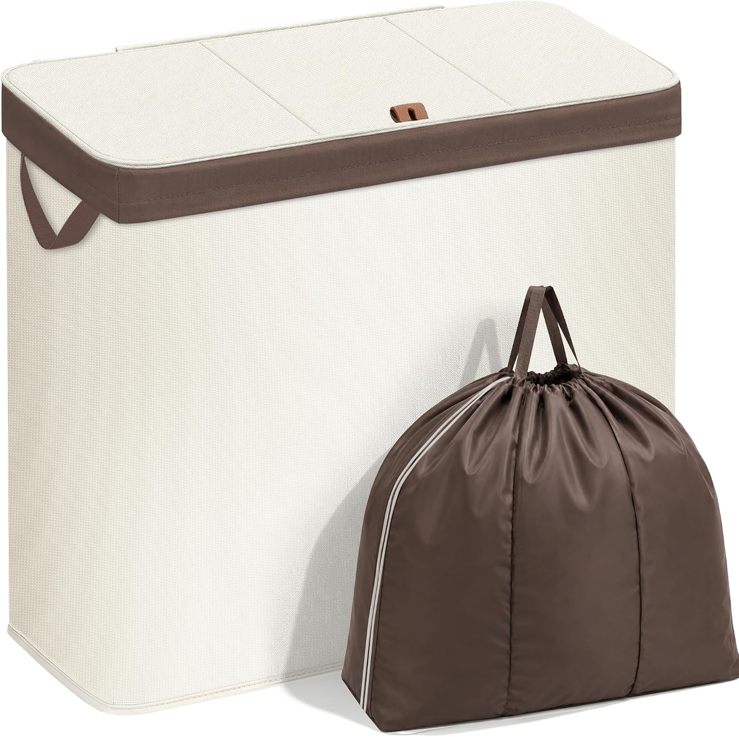 STORAGE MANIAC Triple Laundry Hamper with Lid, Metal Frame Laundry Baskets Beige