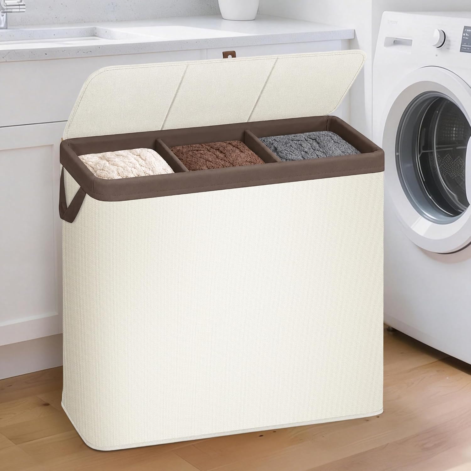 STORAGE MANIAC Triple Laundry Hamper with Lid, Metal Frame Laundry Baskets Beige