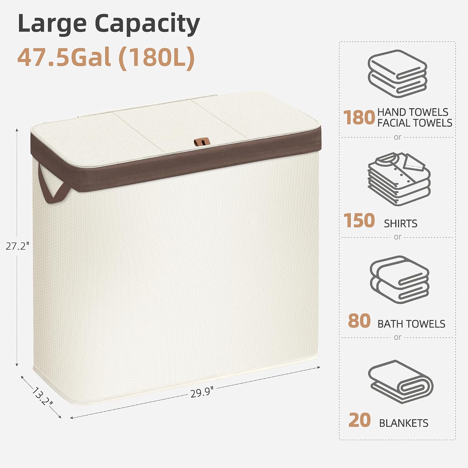 STORAGE MANIAC Triple Laundry Hamper with Lid, Metal Frame Laundry Baskets Beige