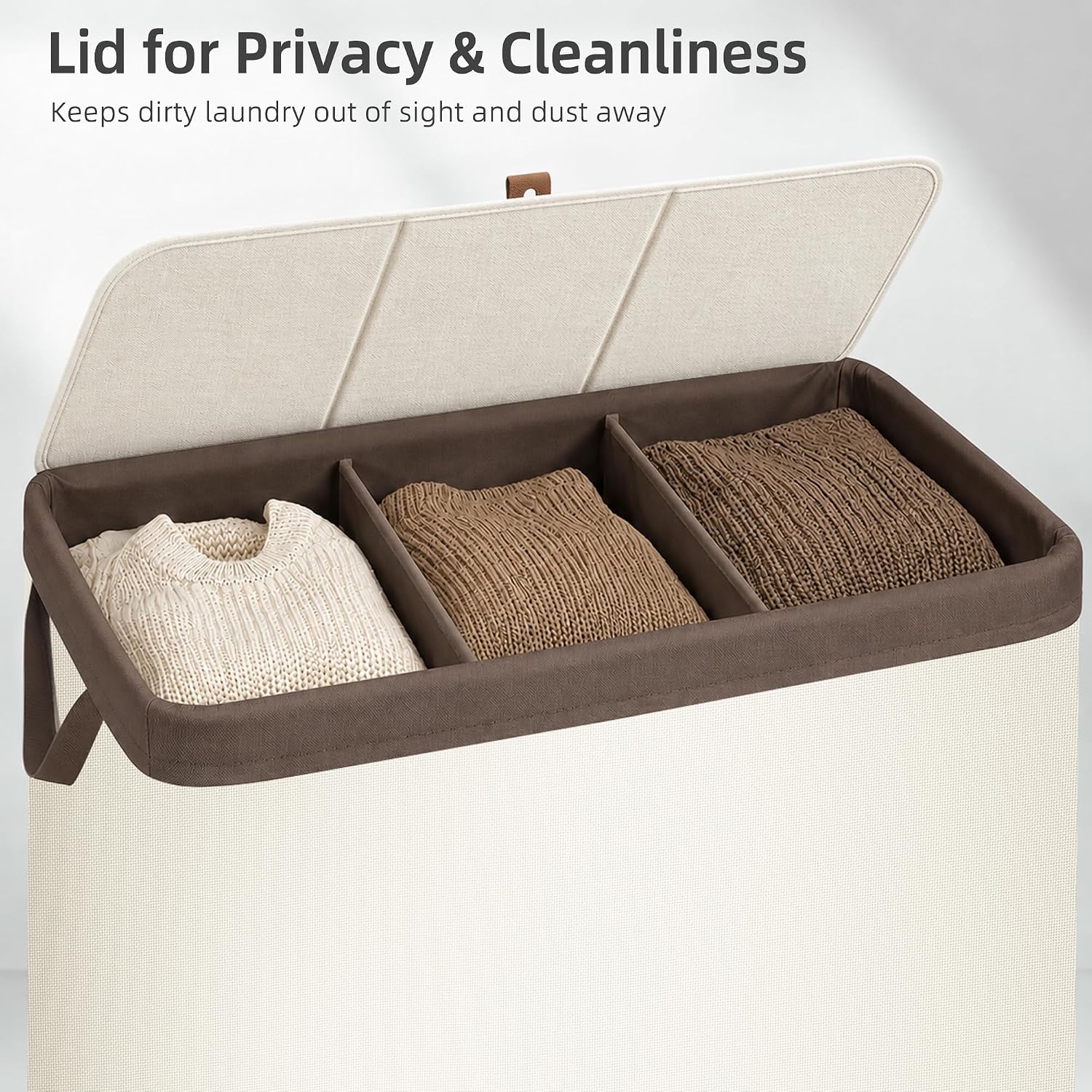 STORAGE MANIAC Triple Laundry Hamper with Lid, Metal Frame Laundry Baskets Beige