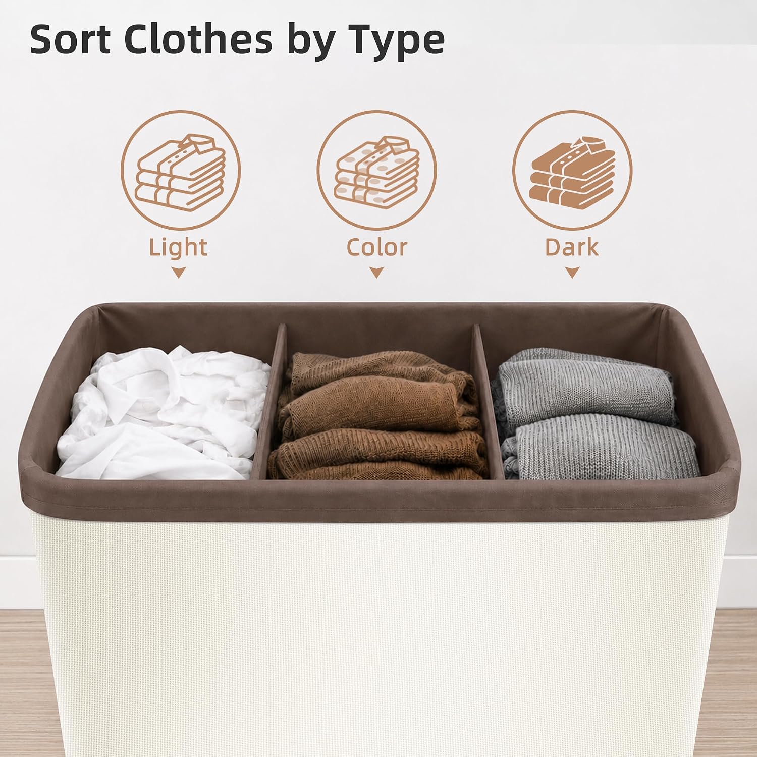 STORAGE MANIAC Triple Laundry Hamper with Lid, Metal Frame Laundry Baskets Beige