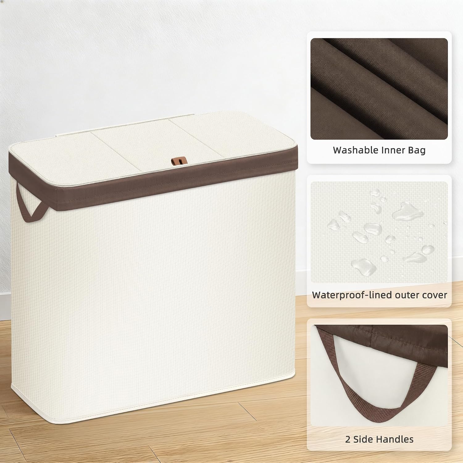 STORAGE MANIAC Triple Laundry Hamper with Lid, Metal Frame Laundry Baskets Beige