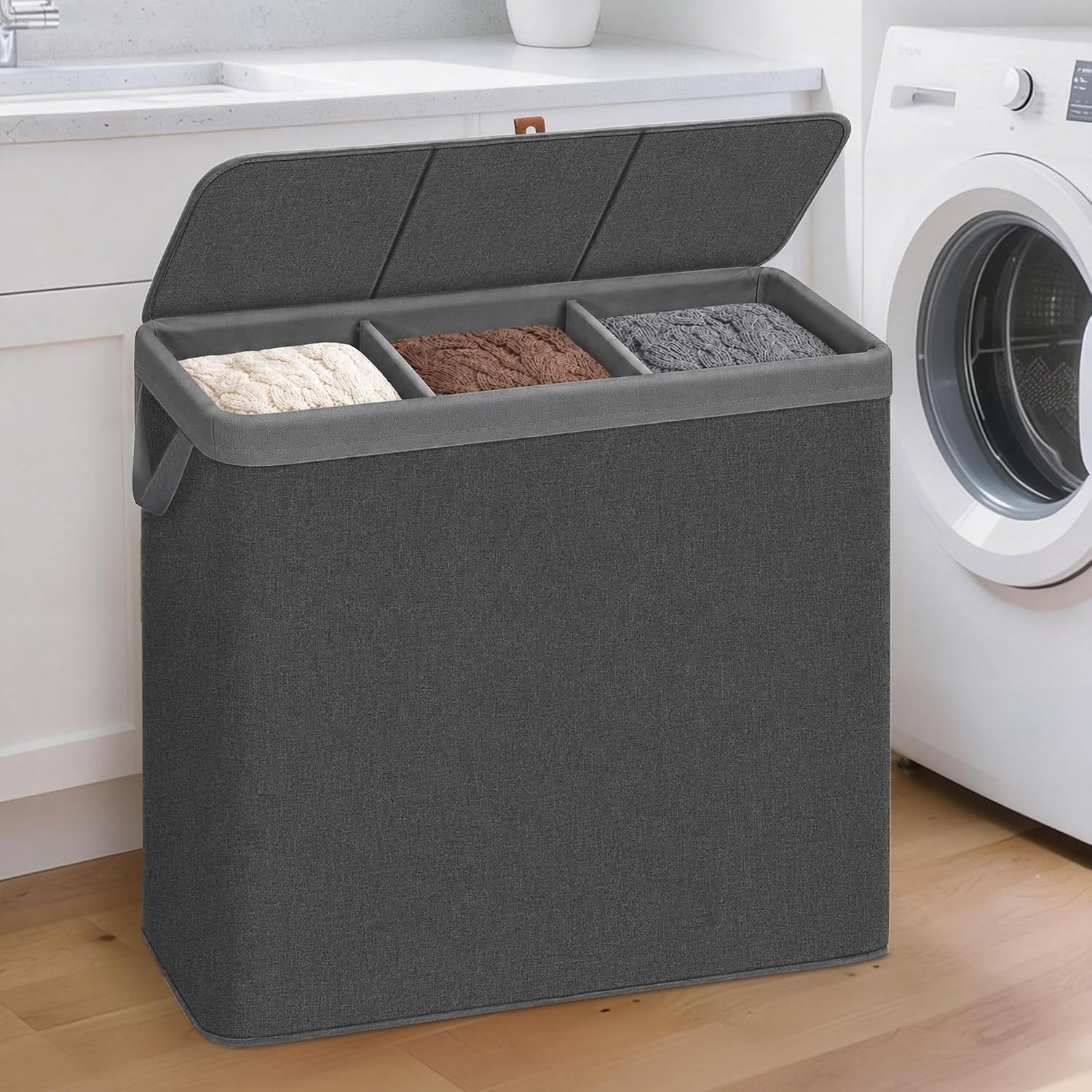 STORAGE MANIAC Triple Laundry Hamper with Lid, Metal Frame Laundry Baskets Black