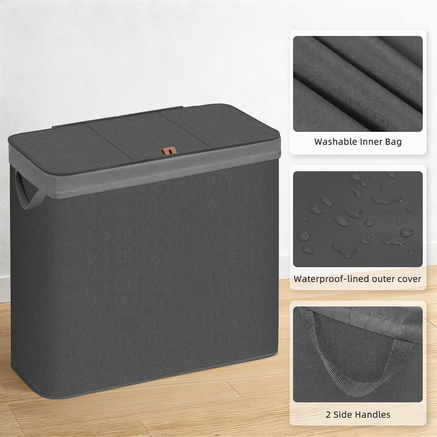 STORAGE MANIAC Triple Laundry Hamper with Lid, Metal Frame Laundry Baskets Black