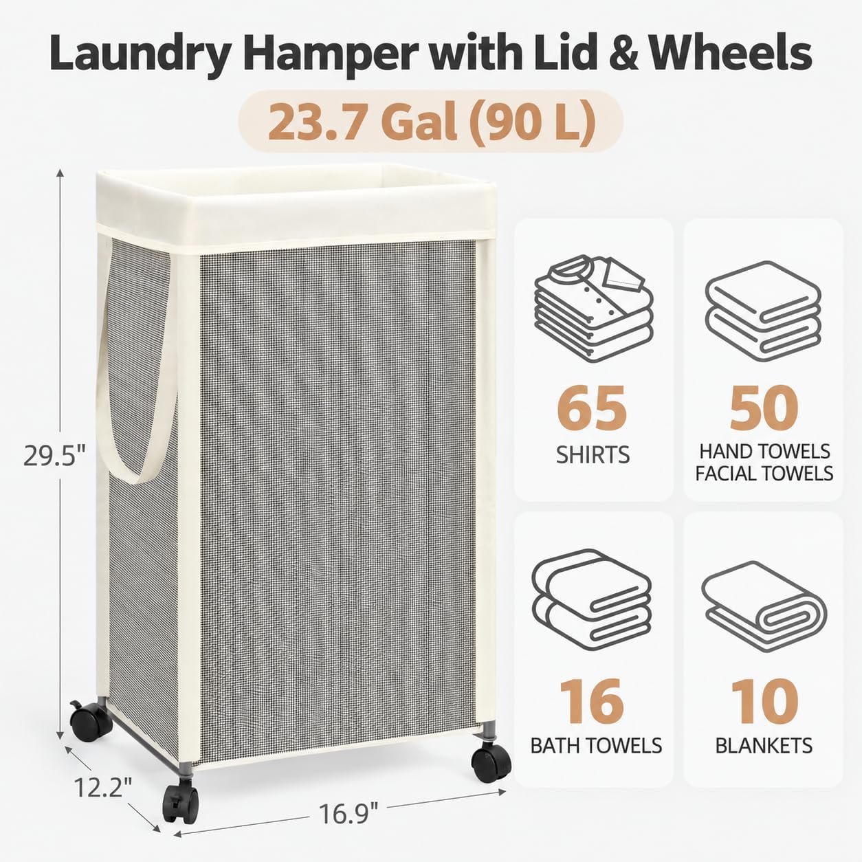 STORAGE MANIAC Laundry Hamper with Wheels, Rolling Laundry Basket