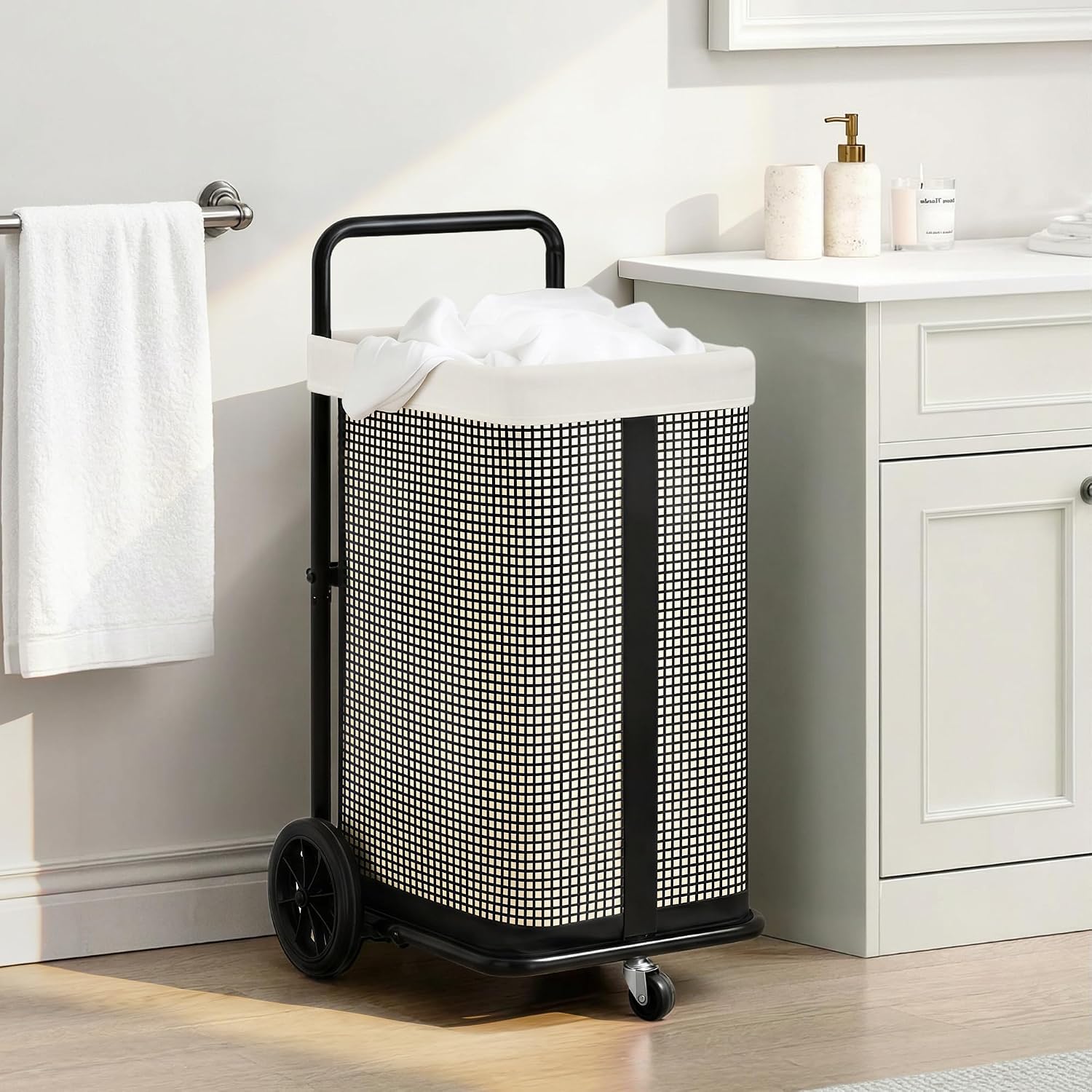 STORAGE MANIAC Rolling Laundry Cart with Removable Canvas Liner Bag, Beige