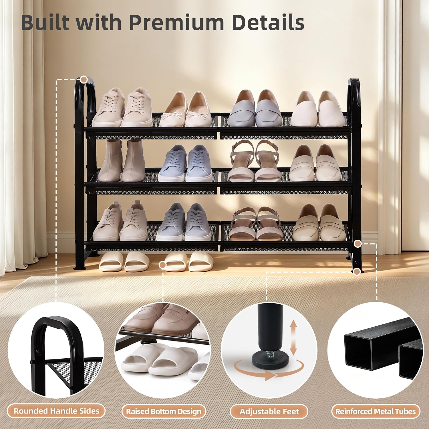 STORAGE MANIAC 3 Tier Shoe Rack, Heavy Duty Metal Shoe Organizer