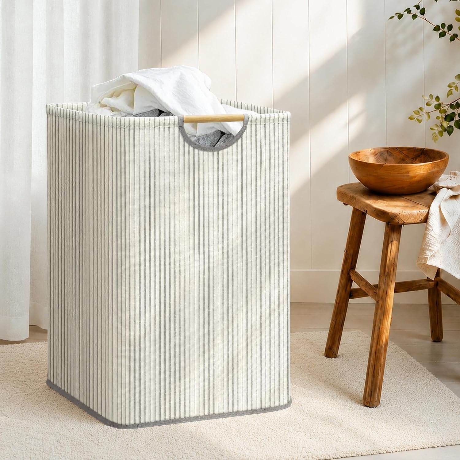 STORAGE MANIAC 2-Pack Collapsible Laundry Hamper with Bamboo Handle, Stripe