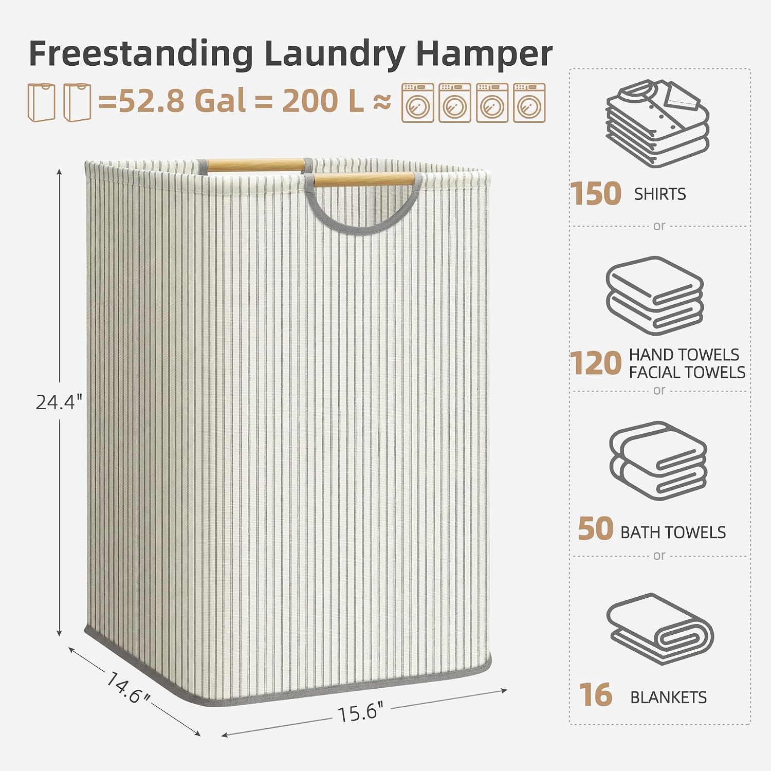 STORAGE MANIAC 2-Pack Collapsible Laundry Hamper with Bamboo Handle, Stripe