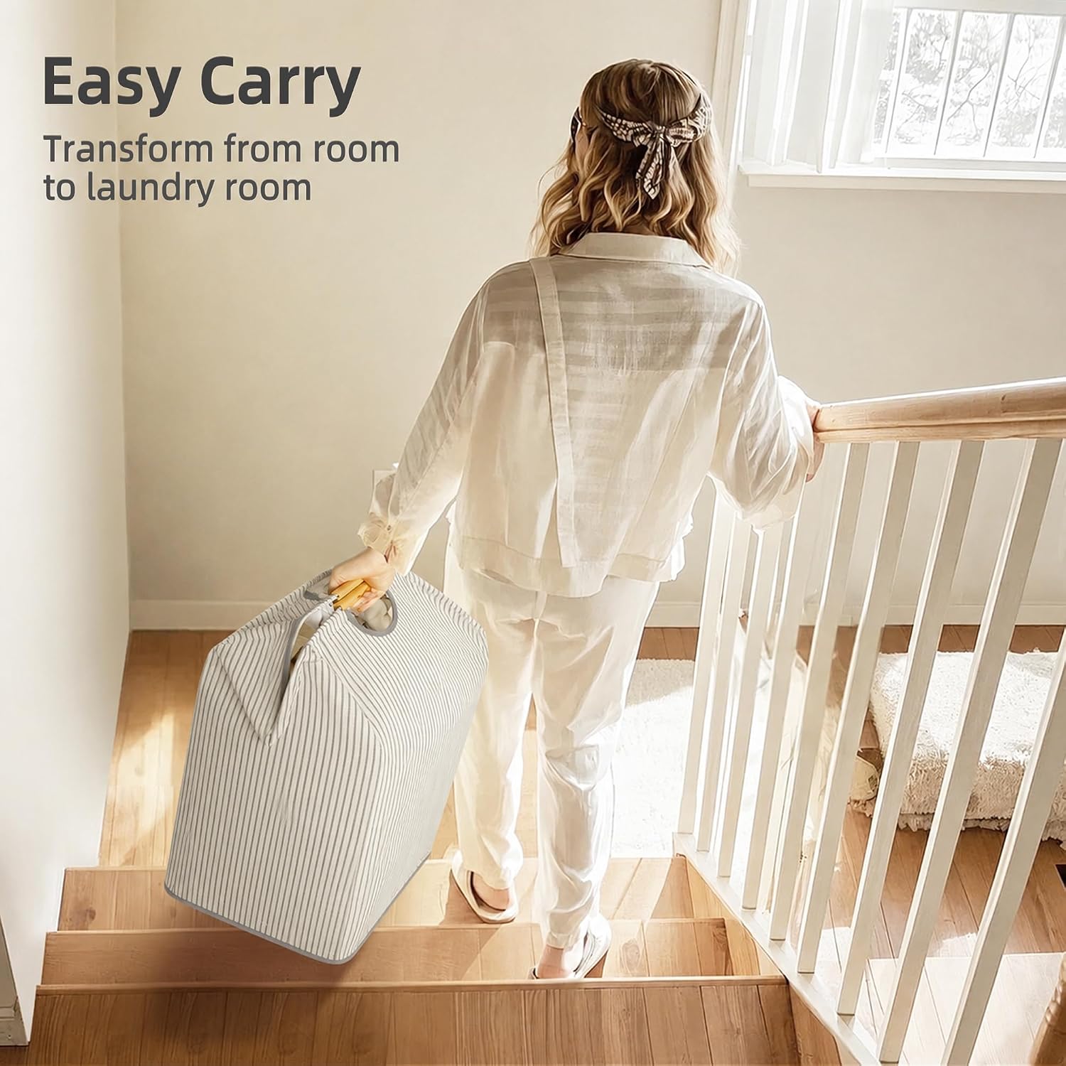 STORAGE MANIAC 2-Pack Collapsible Laundry Hamper with Bamboo Handle, Stripe
