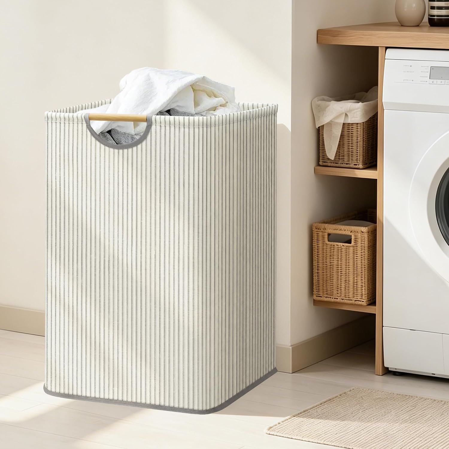 STORAGE MANIAC 2-Pack Collapsible Laundry Hamper with Bamboo Handle, Stripe
