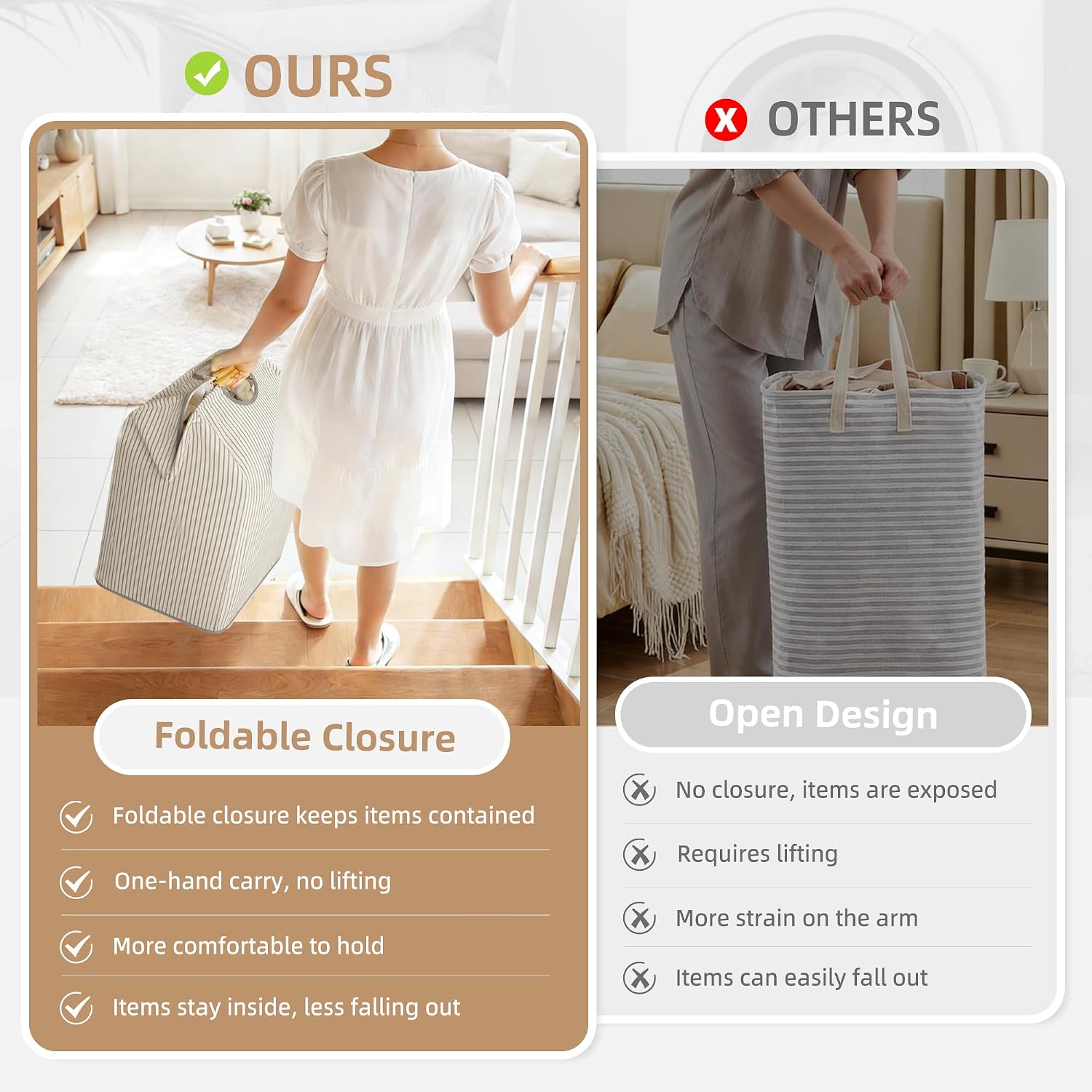 STORAGE MANIAC 2-Pack Collapsible Laundry Hamper with Bamboo Handle, Stripe