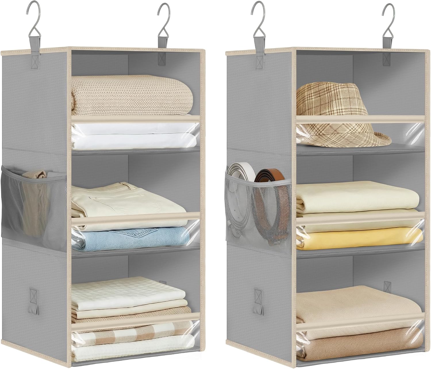 STORAGE MANIAC 6-Shelf Hanging Closet Organizer and Storage, 2 Separable 3-Shelf Haning Organizers for Closet, Collapsible Hanging Shelves Wardrobe Organization, College Dorm Room, Nursery, Gray Grey