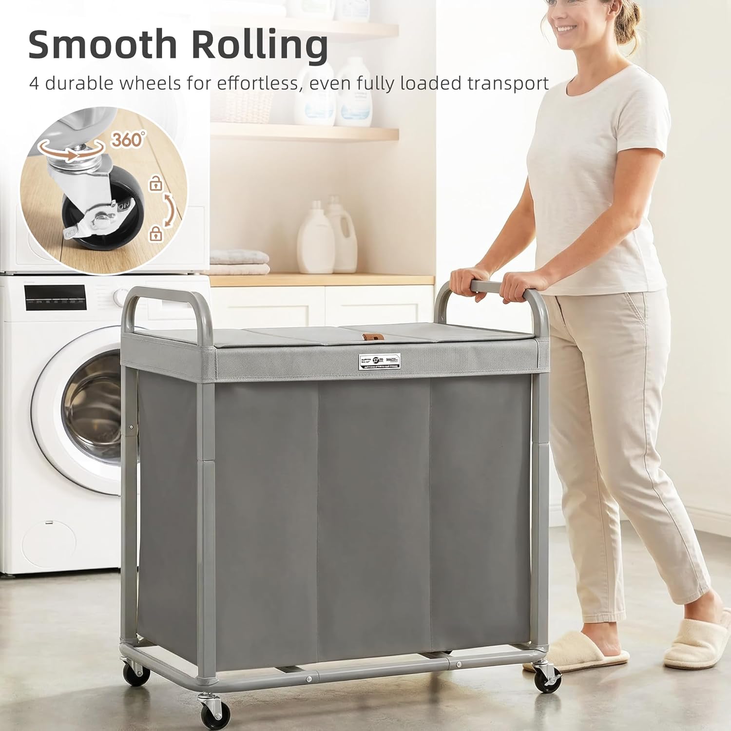 STORAGE MANIAC Laundry Hamper 3 Section with Lid Rolling Laundry Basket Gray