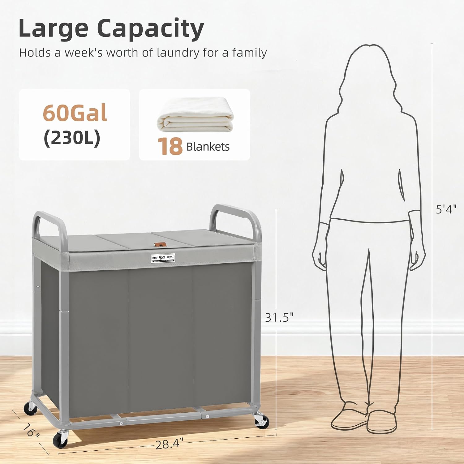 STORAGE MANIAC Laundry Hamper 3 Section with Lid Rolling Laundry Basket Gray
