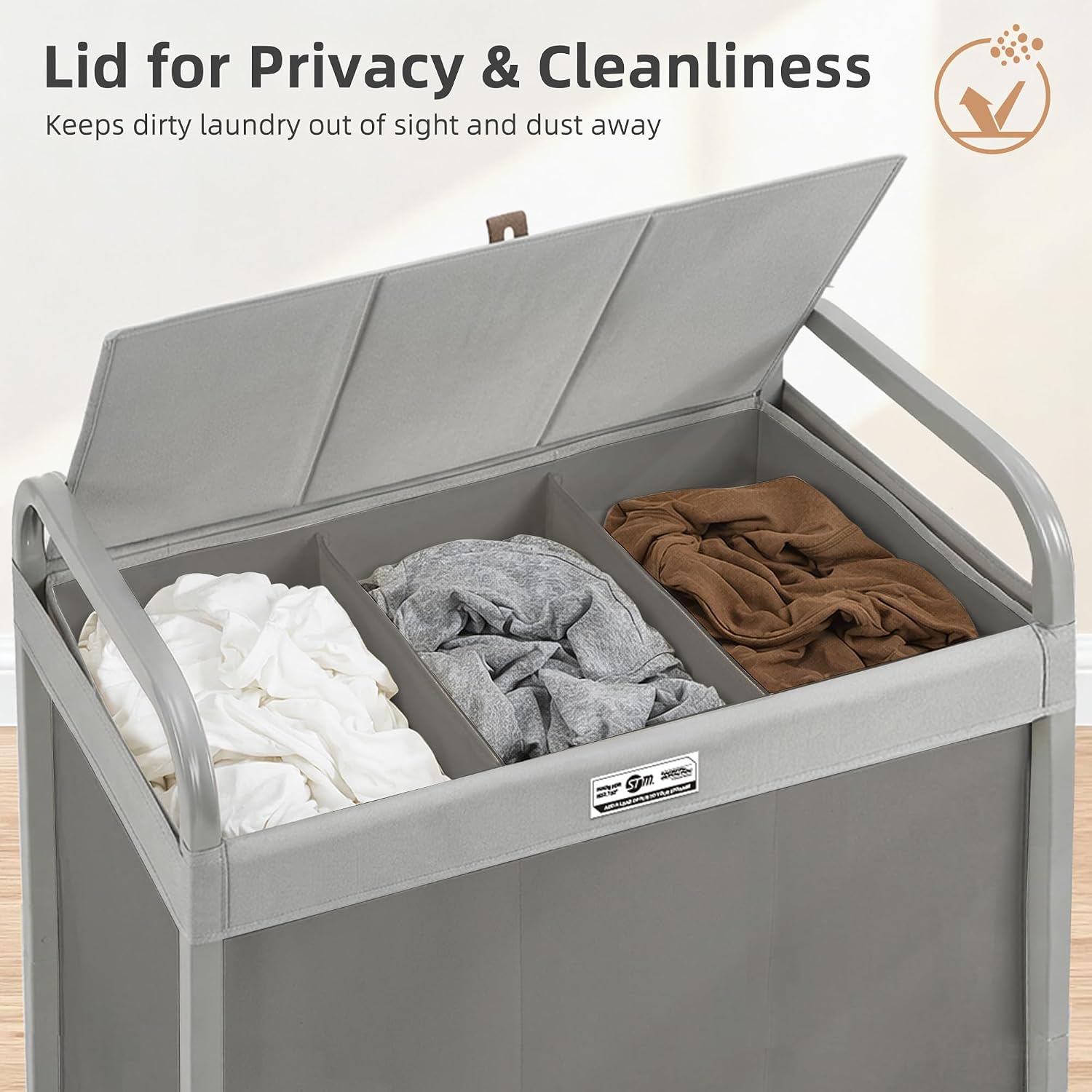 STORAGE MANIAC Laundry Hamper 3 Section with Lid Rolling Laundry Basket Gray