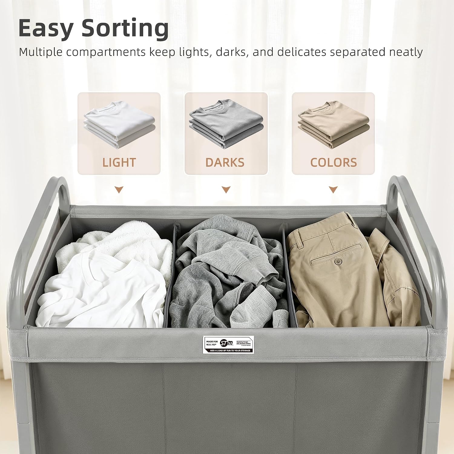STORAGE MANIAC Laundry Hamper 3 Section with Lid Rolling Laundry Basket Gray