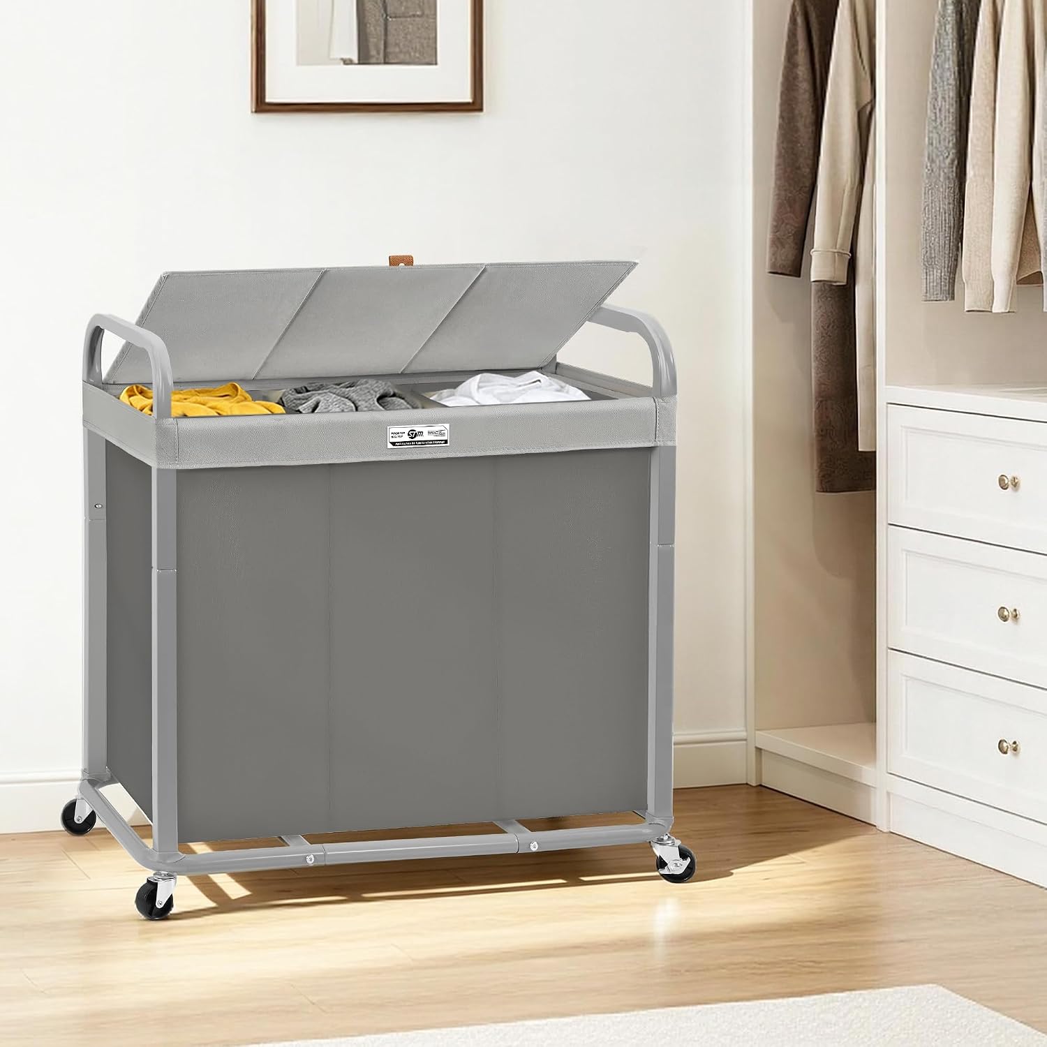 STORAGE MANIAC Laundry Hamper 3 Section with Lid Rolling Laundry Basket Gray