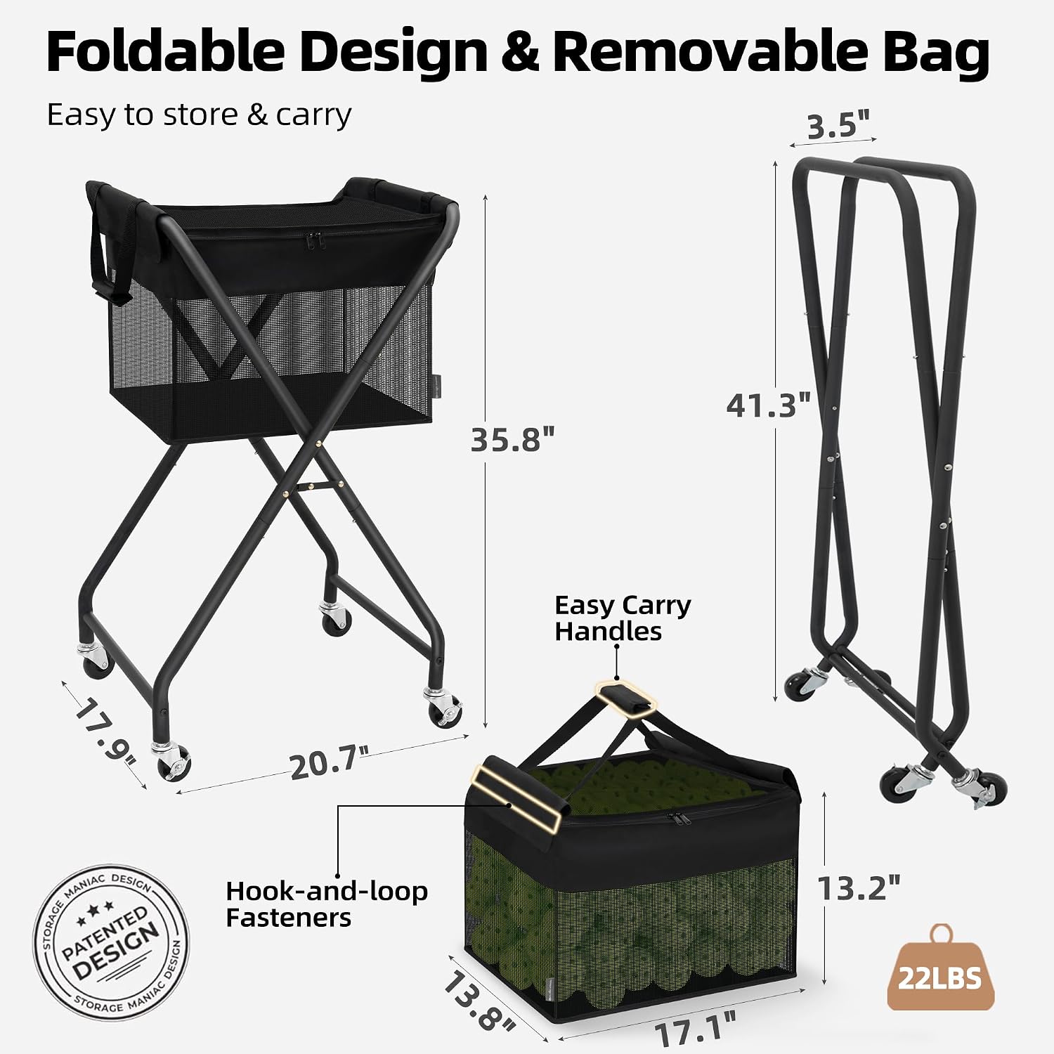STORAGE MANIAC Foldable Tennis Ball Hopper Cart with Removable Ball Bag