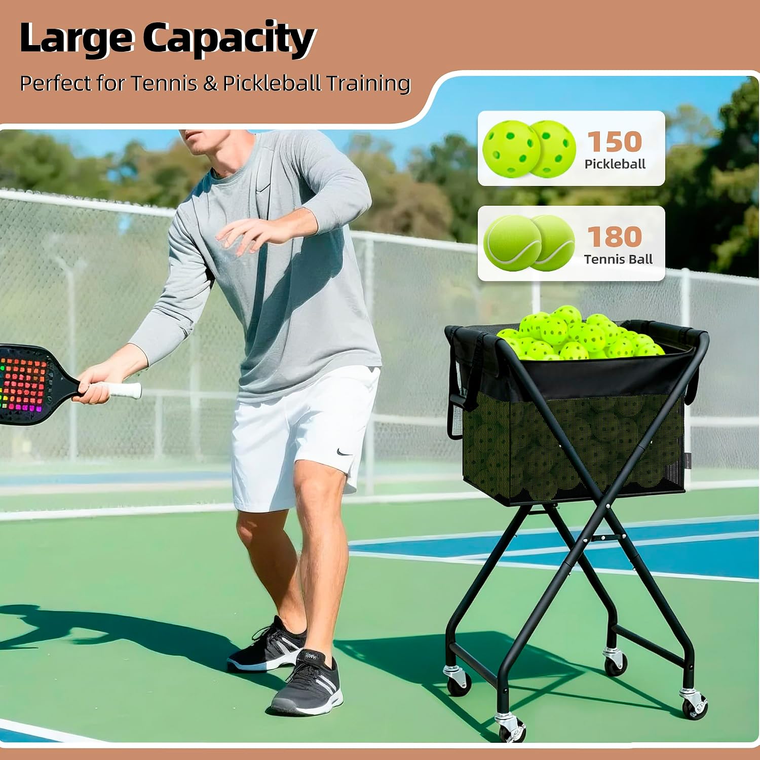STORAGE MANIAC Foldable Tennis Ball Hopper Cart with Removable Ball Bag