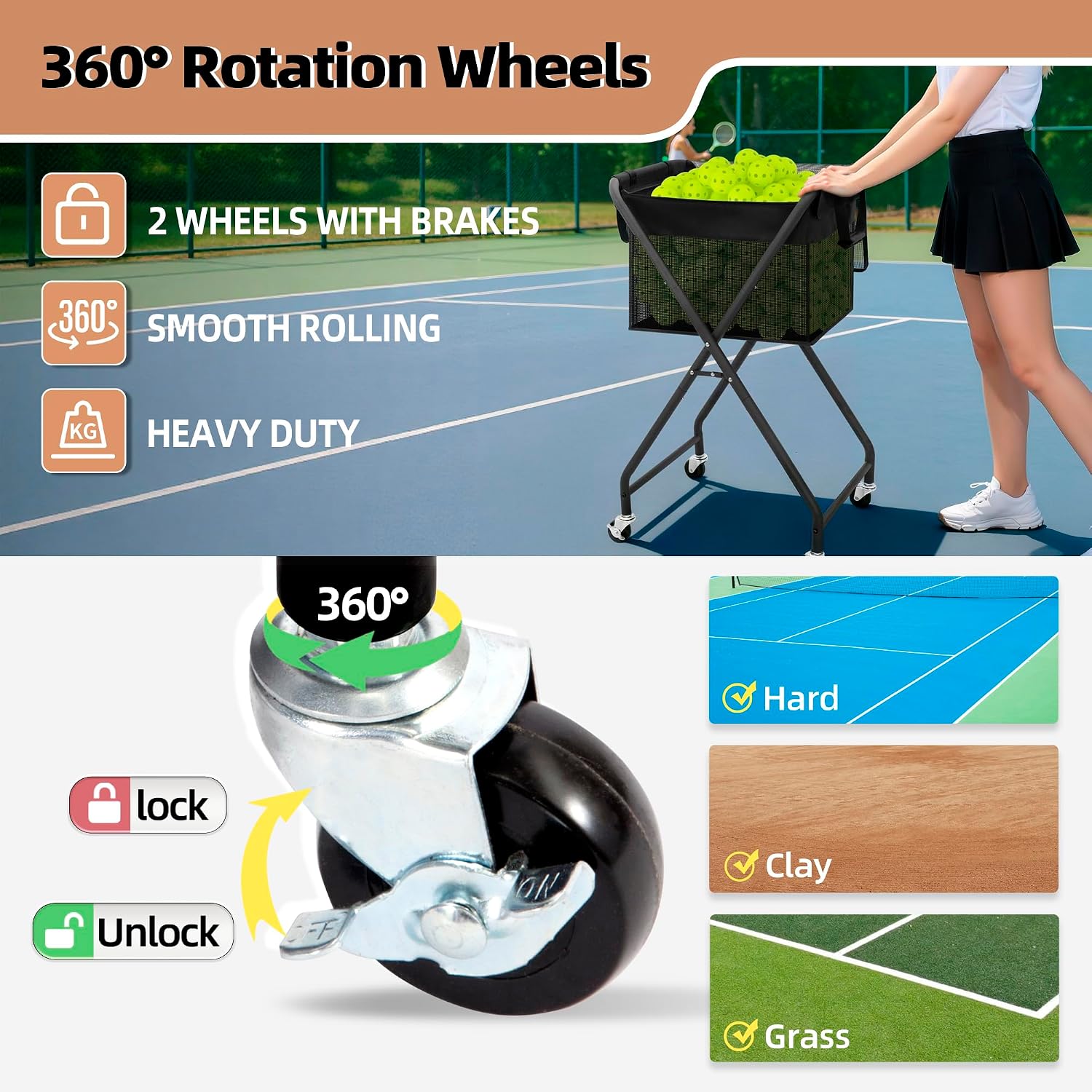 STORAGE MANIAC Foldable Tennis Ball Hopper Cart with Removable Ball Bag