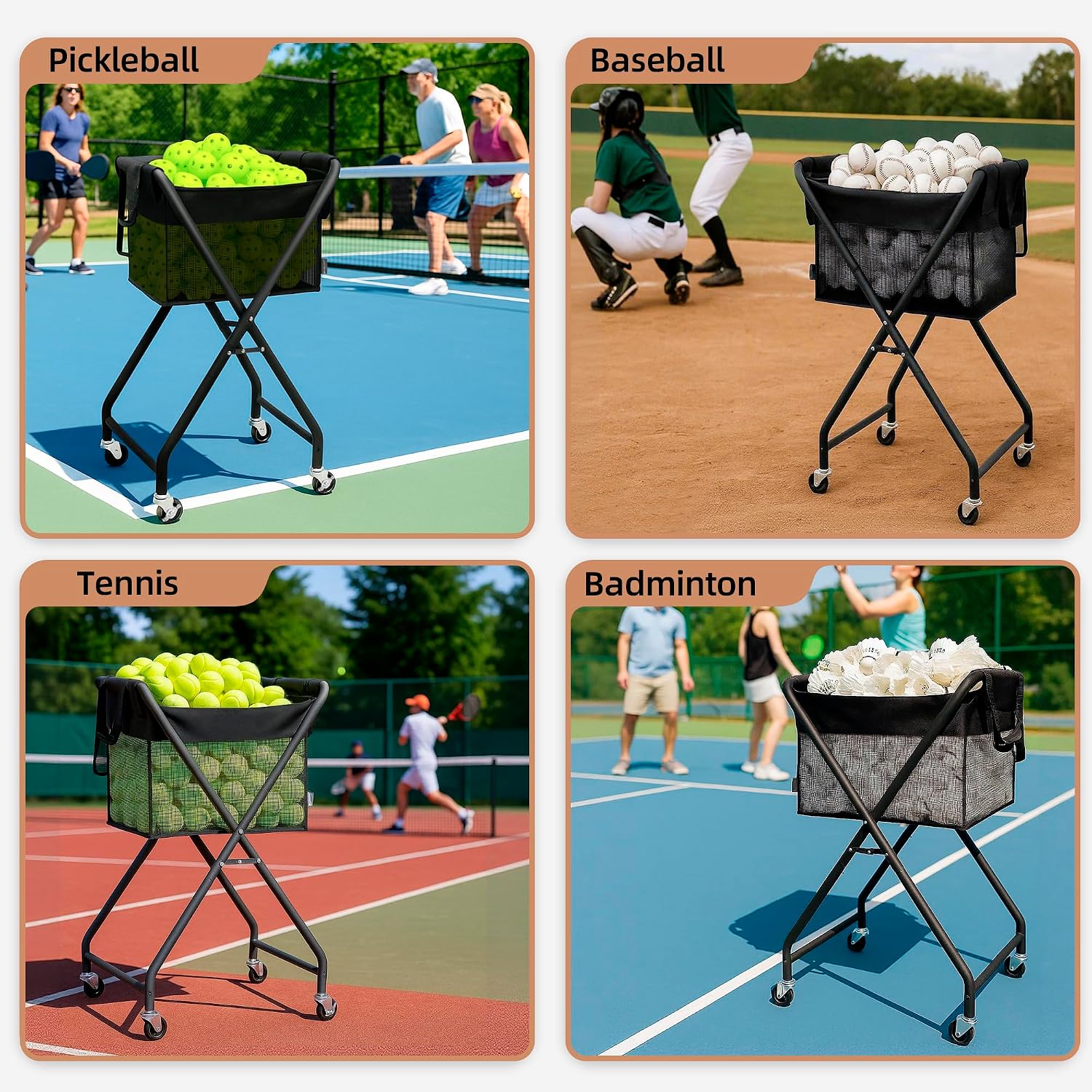 STORAGE MANIAC Foldable Tennis Ball Hopper Cart with Removable Ball Bag