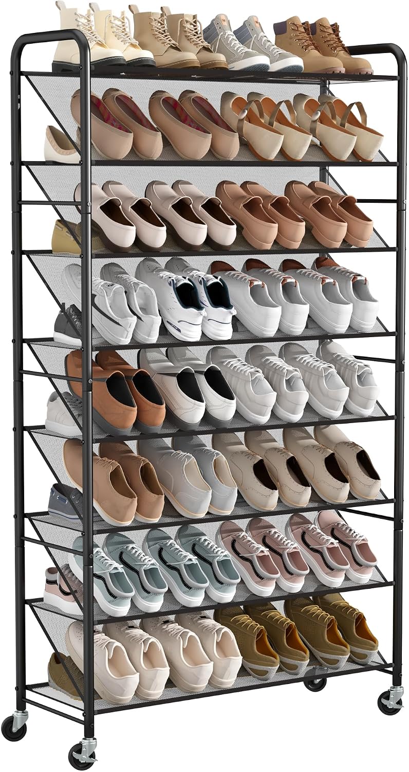 STORAGE MANIAC Tall Shoe Rack, 8 Tiers Shoe Organizer with Lockable Wheels for Entryway, Closet, Hallway, Double-Sided Vinyl Mesh Shelf Shoe Storage, Holds 60 Paris, Black
