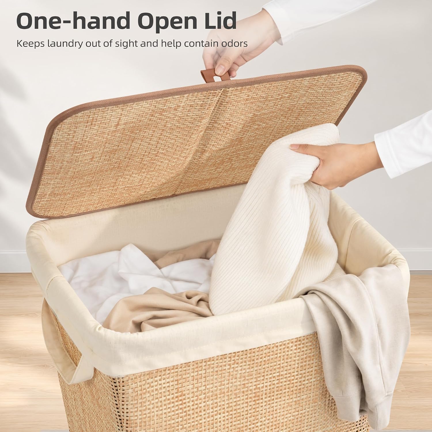 STORAGE MANIAC 90L Laundry Hamper with Lid Laundry Basket, Rattan Beige