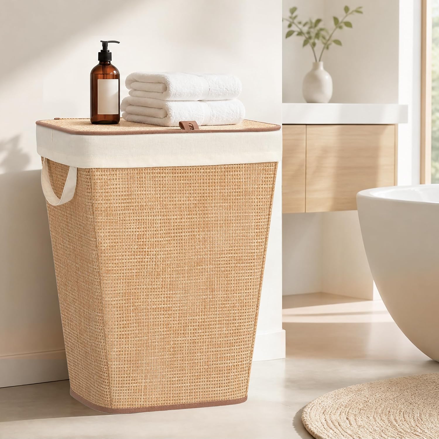 STORAGE MANIAC 90L Laundry Hamper with Lid Laundry Basket, Rattan Beige