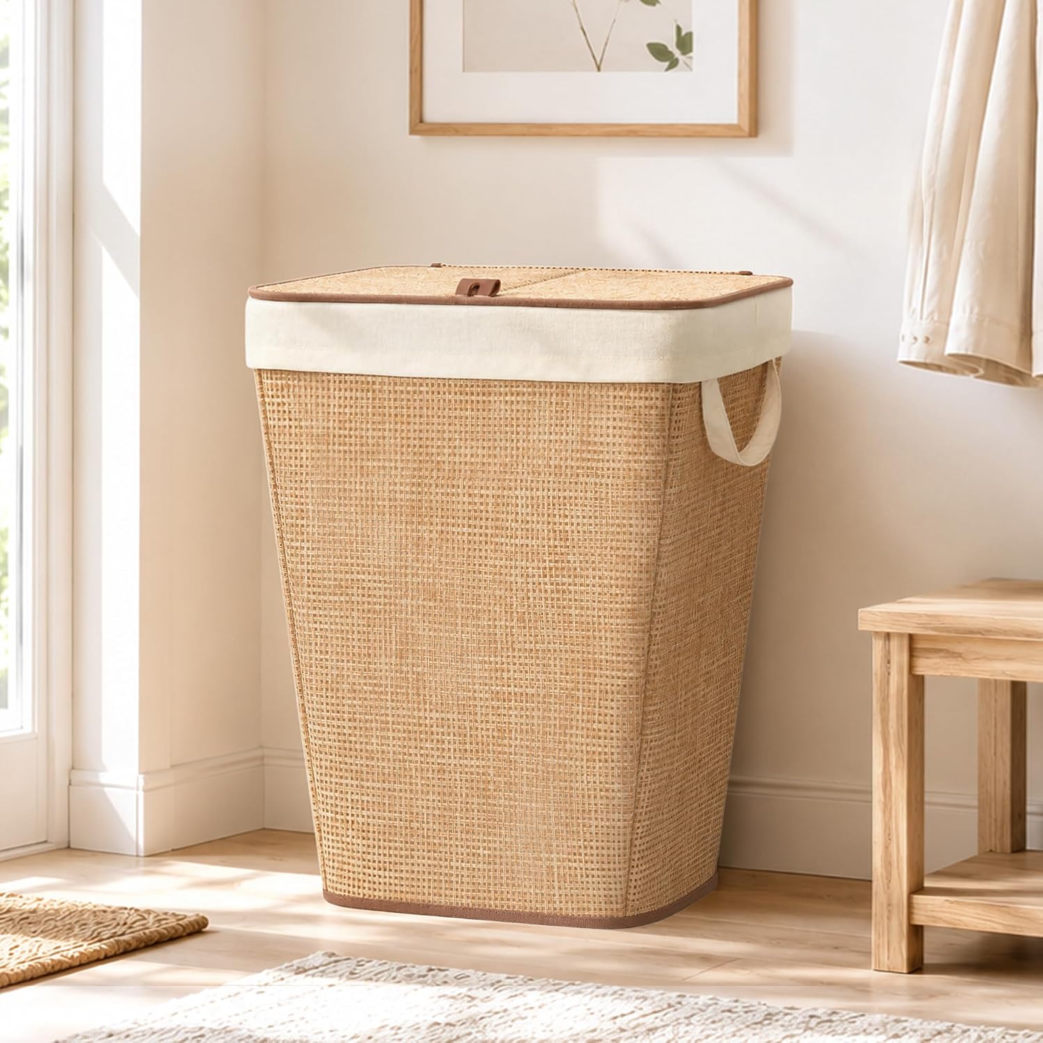 STORAGE MANIAC 90L Laundry Hamper with Lid Laundry Basket, Rattan Beige