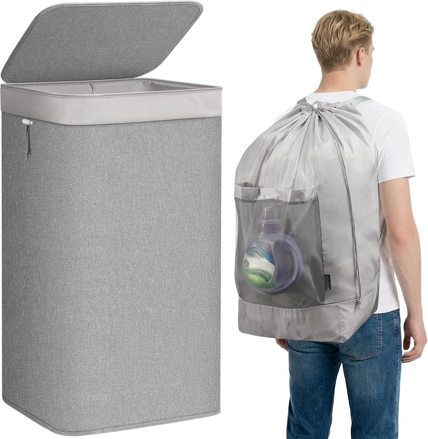 STORAGE MANIAC 2-in-1 Laundry Hamper with Laundry Backpack Bag, 23.7 Gal Gray