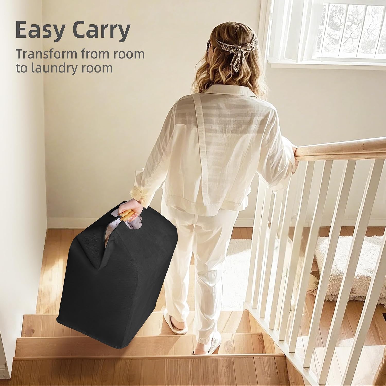 STORAGE MANIAC 2-Pack Laundry Hamper with Bamboo Handles, Black + White Black+White