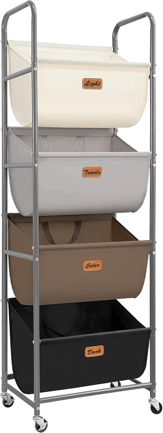 STORAGE MANIAC Vertical Rolling Laundry Hamper, 4 Section Laundry Sorter Multicolored