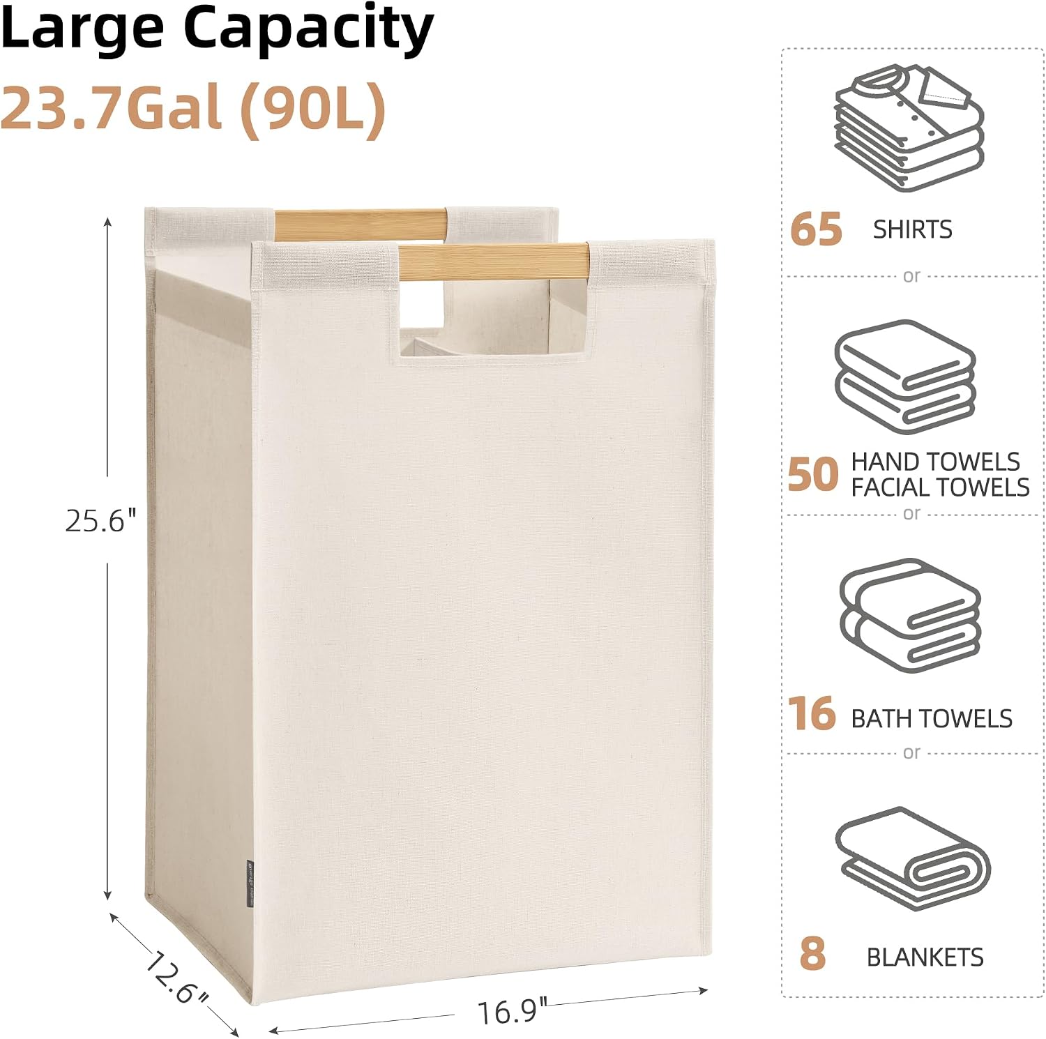 STORAGE MANIAC Large Laundry Hamper with Bamboo Handle, 23.7 Gal. Beige