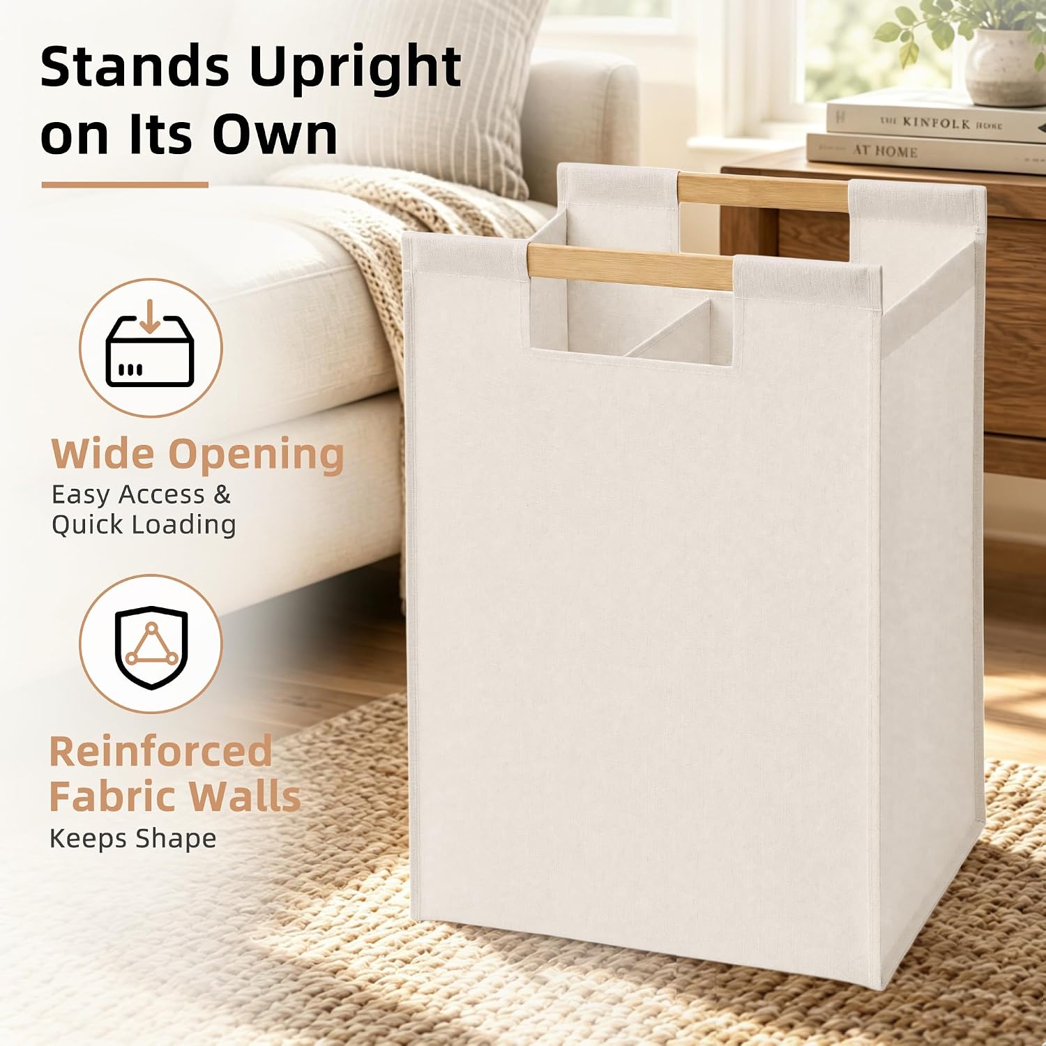 STORAGE MANIAC Large Laundry Hamper with Bamboo Handle, 23.7 Gal. Beige